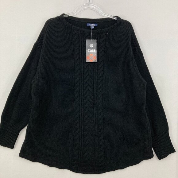 New CHAPS size XL Black Cable Knit Crew Neck Classic Preppy Crew Neck Sweater - Picture 1 of 8